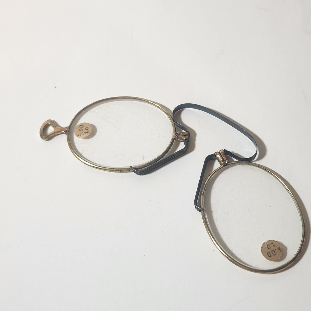 Antique Pince-Nez Spectacles‎ Gold Tone Oval Lens Eyeglasses +4.00 Strength